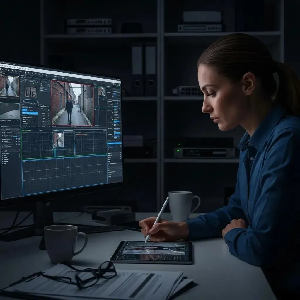 Forensic analyst examining video footage for court admissibility