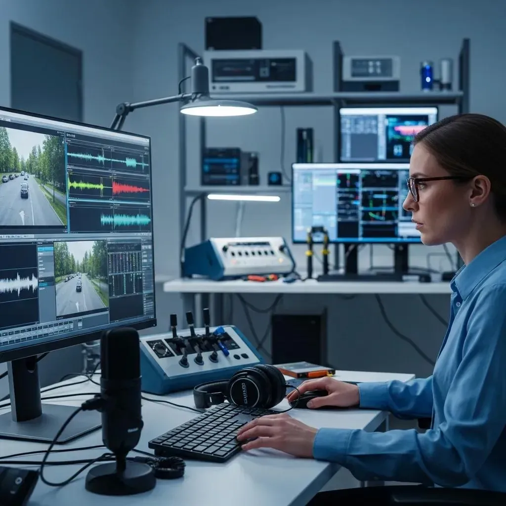 Forensic investigator analyzing audio and video evidence in a modern lab