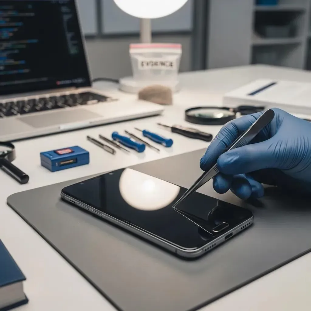 Forensic investigator examining a smartphone for evidence in a lab setting, showcasing mobile forensics techniques