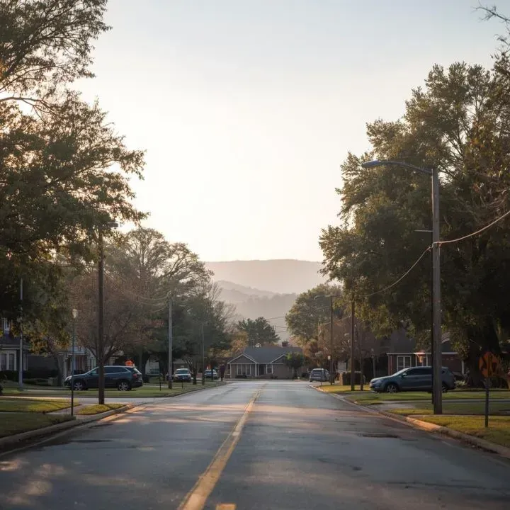 Street lined with trees, leading toward a distant mountain range on a hazy day.