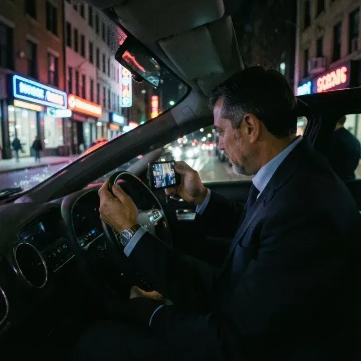 Man in a suit, sitting in a car at night, holding a phone. City street with neon signs visible in the background.