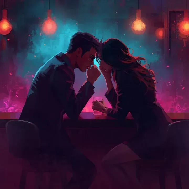 Couple leans close over a bar, lit by neon lights. Intimate moment, possibly romantic.