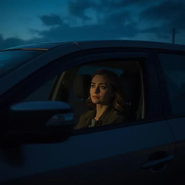 Woman sitting alone in car thinking of hiring private investigator for cheating spouse in Nashville