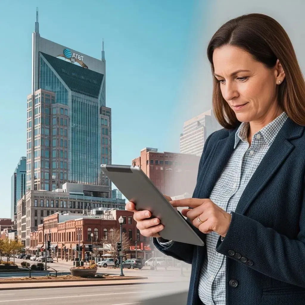 nashville private investigator examining a tablet in front of a city landmark
