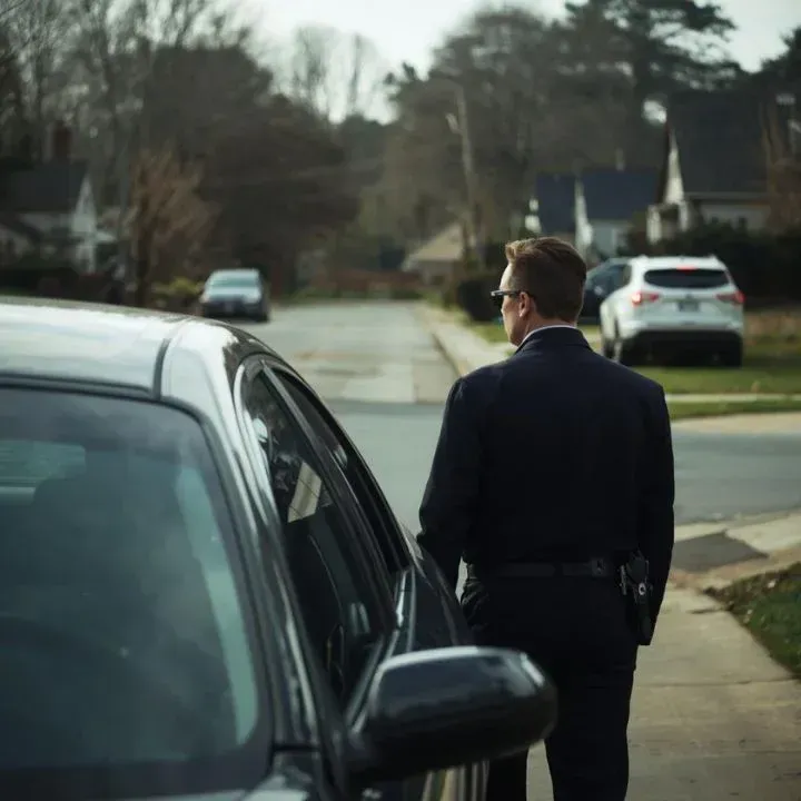 Officer in dark suit standing next to a car, looking down a suburban street with houses and parked cars.