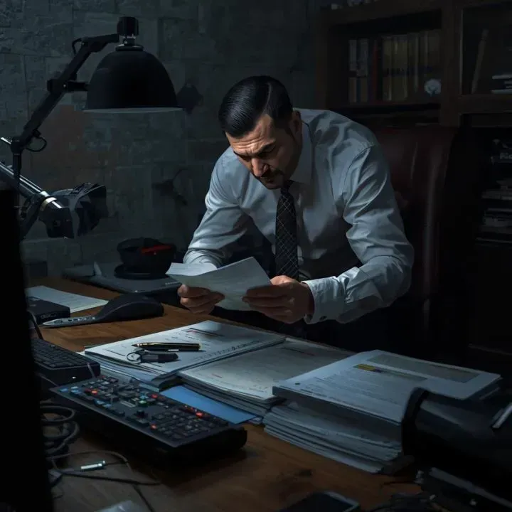 Man in a white shirt and tie examines documents at a desk in a dimly lit office.