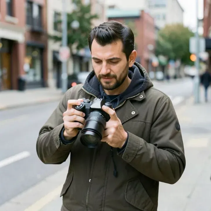 Man in green jacket looking at a camera in an urban setting.