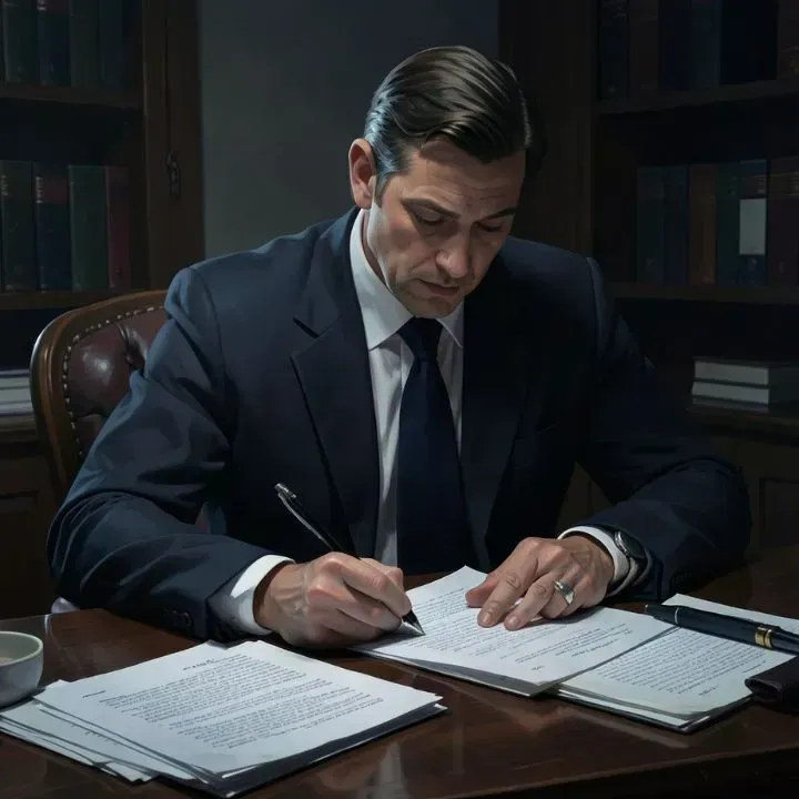 Man in suit writing at a desk, surrounded by documents, with a bookshelf in the background.