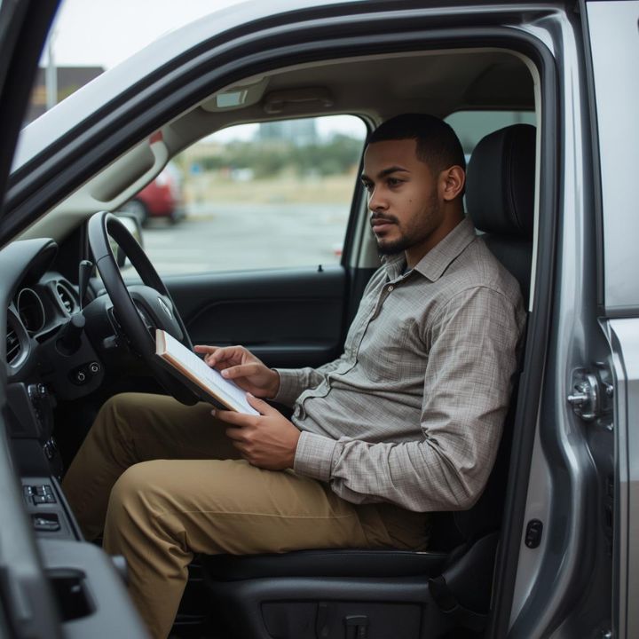 A person in a gray car uses a tablet, right arm resting on steering wheel, door open, in a parking lot.