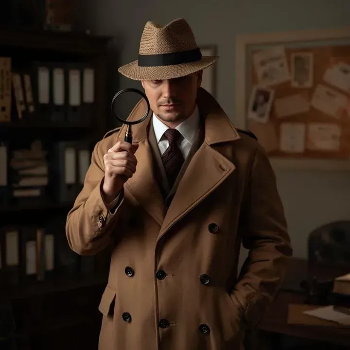 Detective in a tan trench coat and fedora, examining something with a magnifying glass in his office.