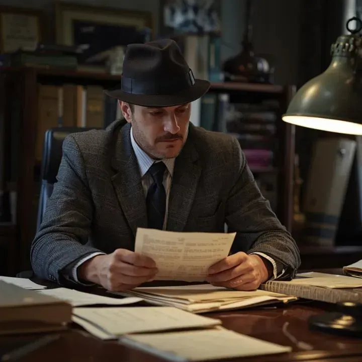 Man in hat and suit reads documents at desk in a dimly lit office.