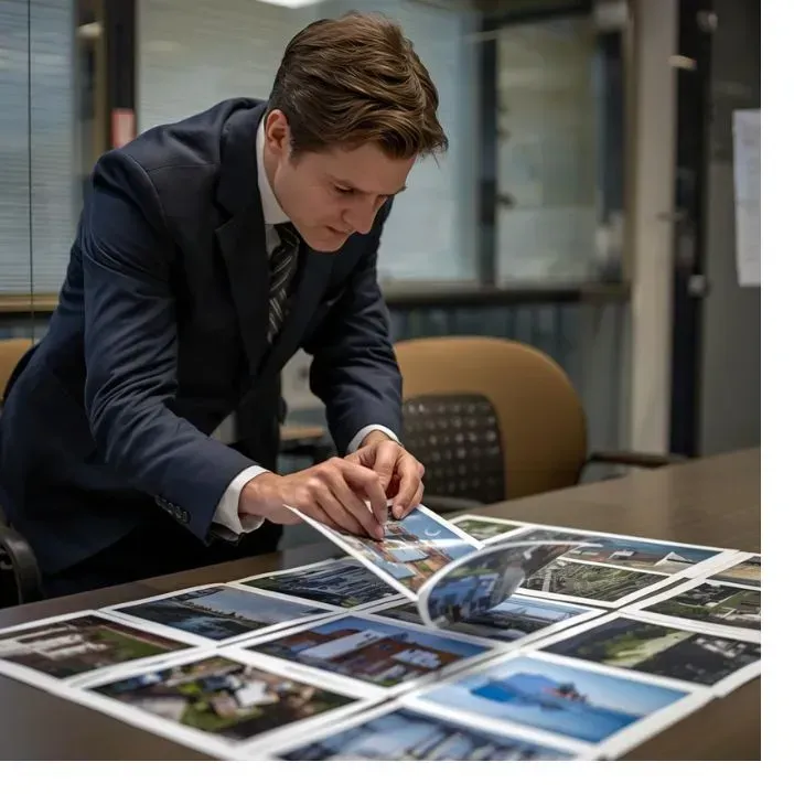 Man in a suit examines photos spread on a table in an office setting.