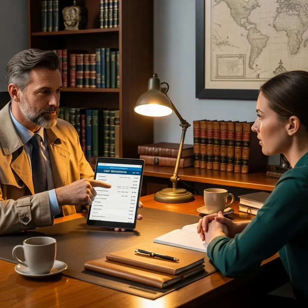 Private investigator explaining cost structures to a client in an office, emphasizing transparency and professionalism