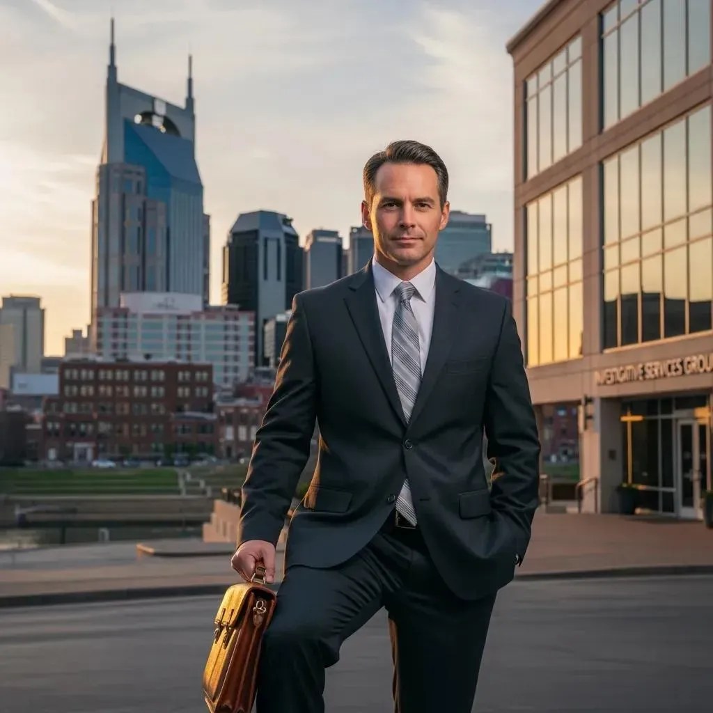 Private investigator in Nashville with a briefcase in front of a modern office building