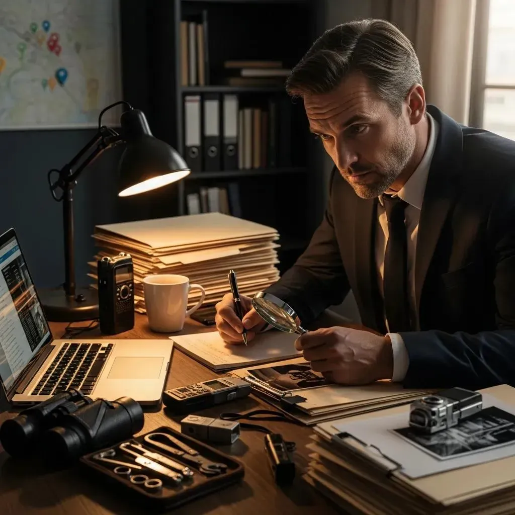 Private investigator reviewing case files and evidence in a professional office setting