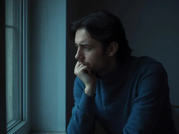 Man in blue turtleneck looks pensively out a window, resting his chin on his hand.