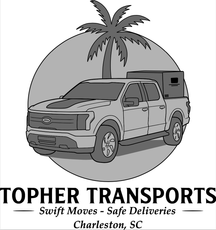 Logo for Tophter Transports with a pickup truck, palm tree, and tagline &ldquo;Swift Moves - Safe Deliveries&rdquo;