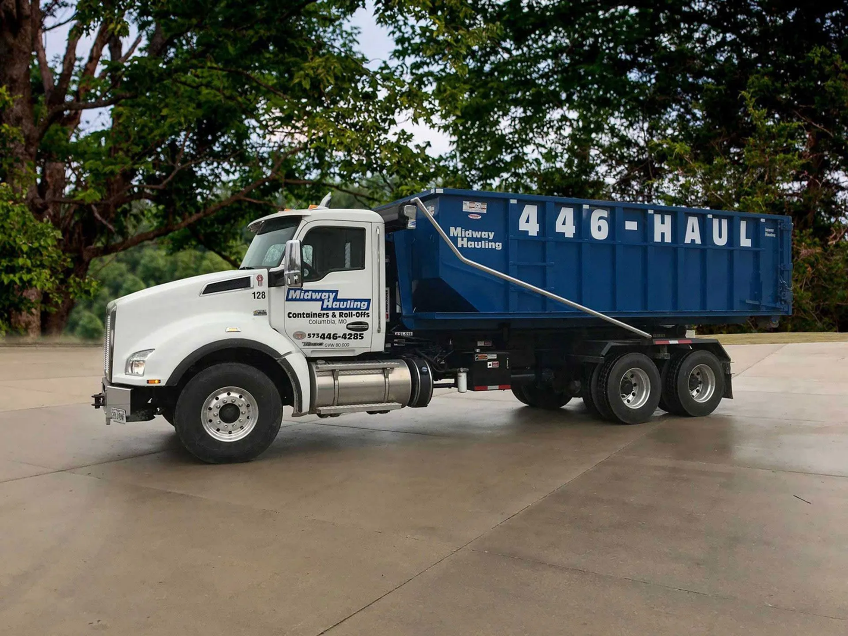 A blue and white truck.