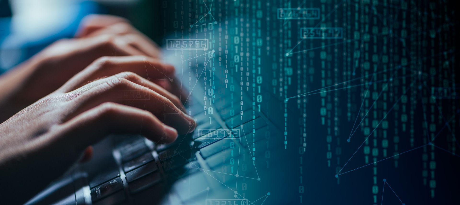Hands typing on a keyboard with a digital code overlay, representing security consulting services