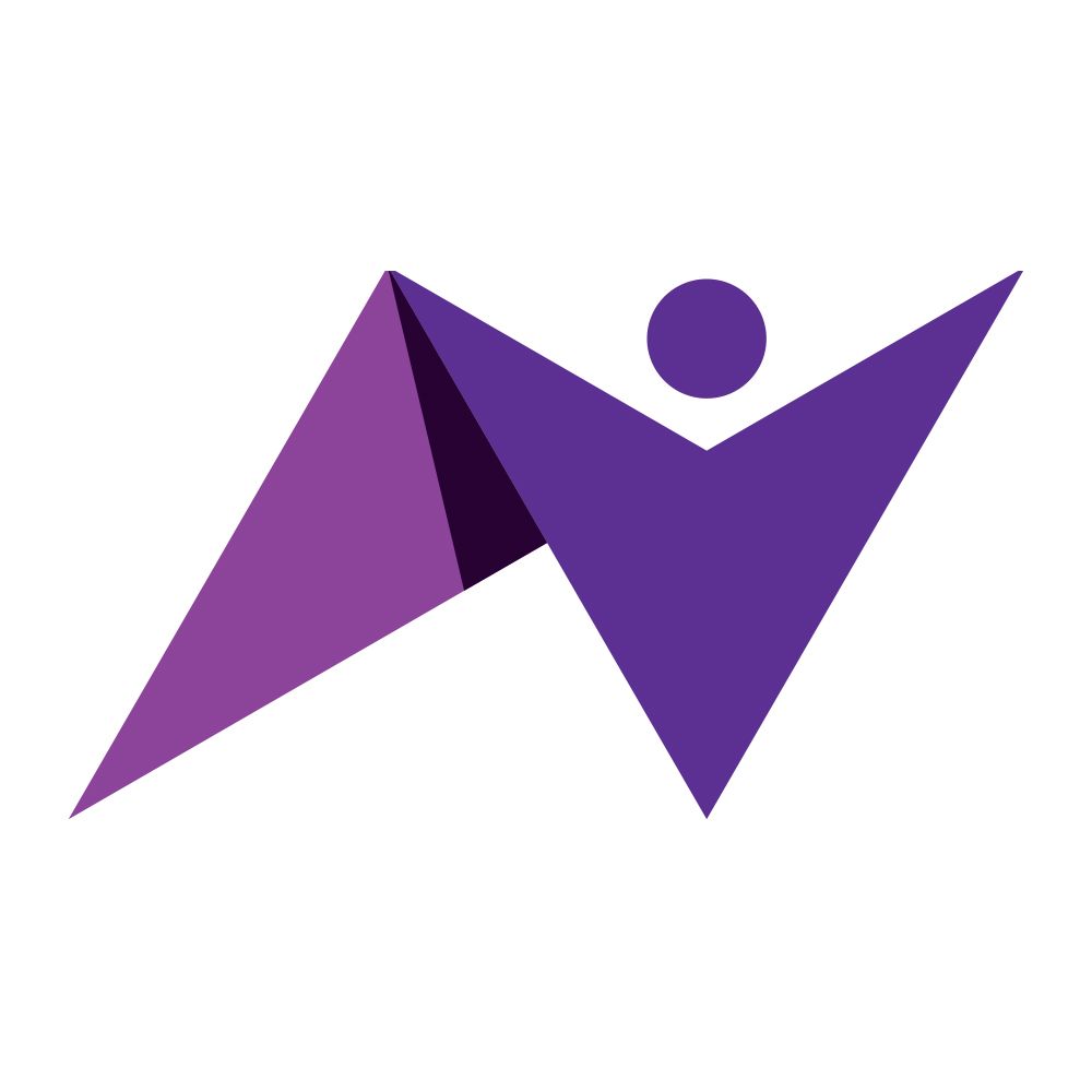 Purple abstract figure with arms raised, atop a triangular shape; a circle represents the head.