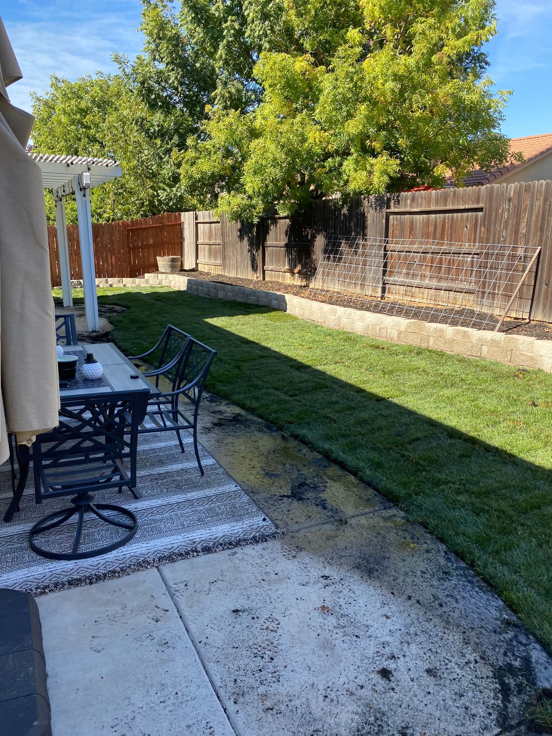 A backyard with a table and chairs and a fence.