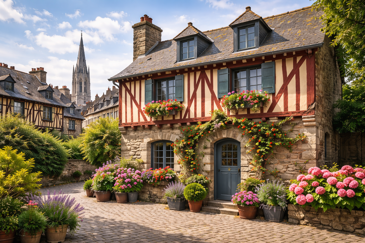 Two construction workers in hard hats and safety gear installing dark roof tiles against a blue sky.