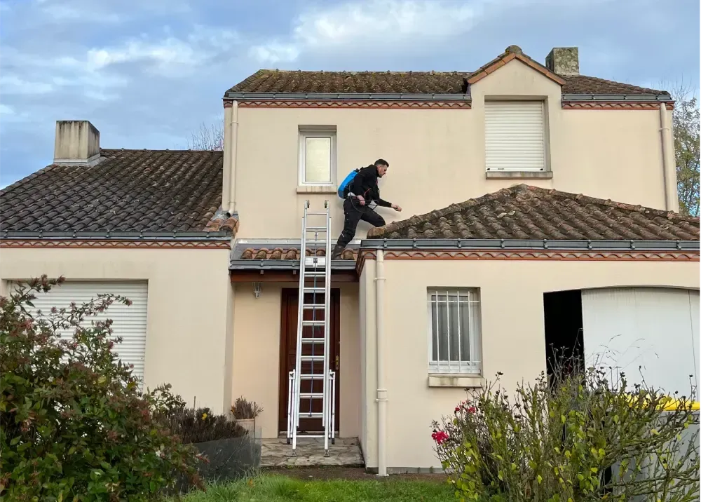A person in a black jacket stands on a residential roof, having just climbed a ladder placed against the house wall.