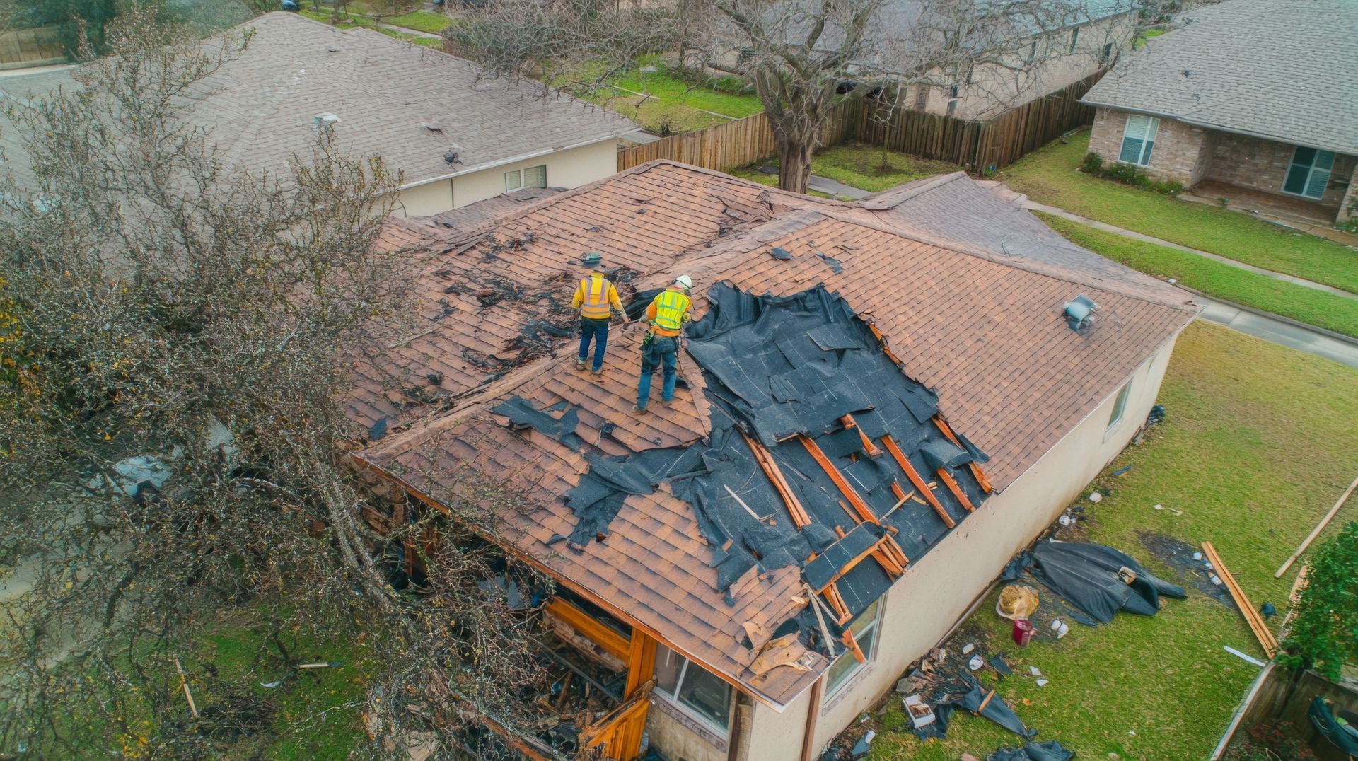 Two roofers in yellow safety vests remove shingles from a residential roof, exposing the black underlayment.