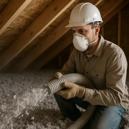A worker in a hard hat and mask uses a hose to blow loose-fill insulation into an attic.