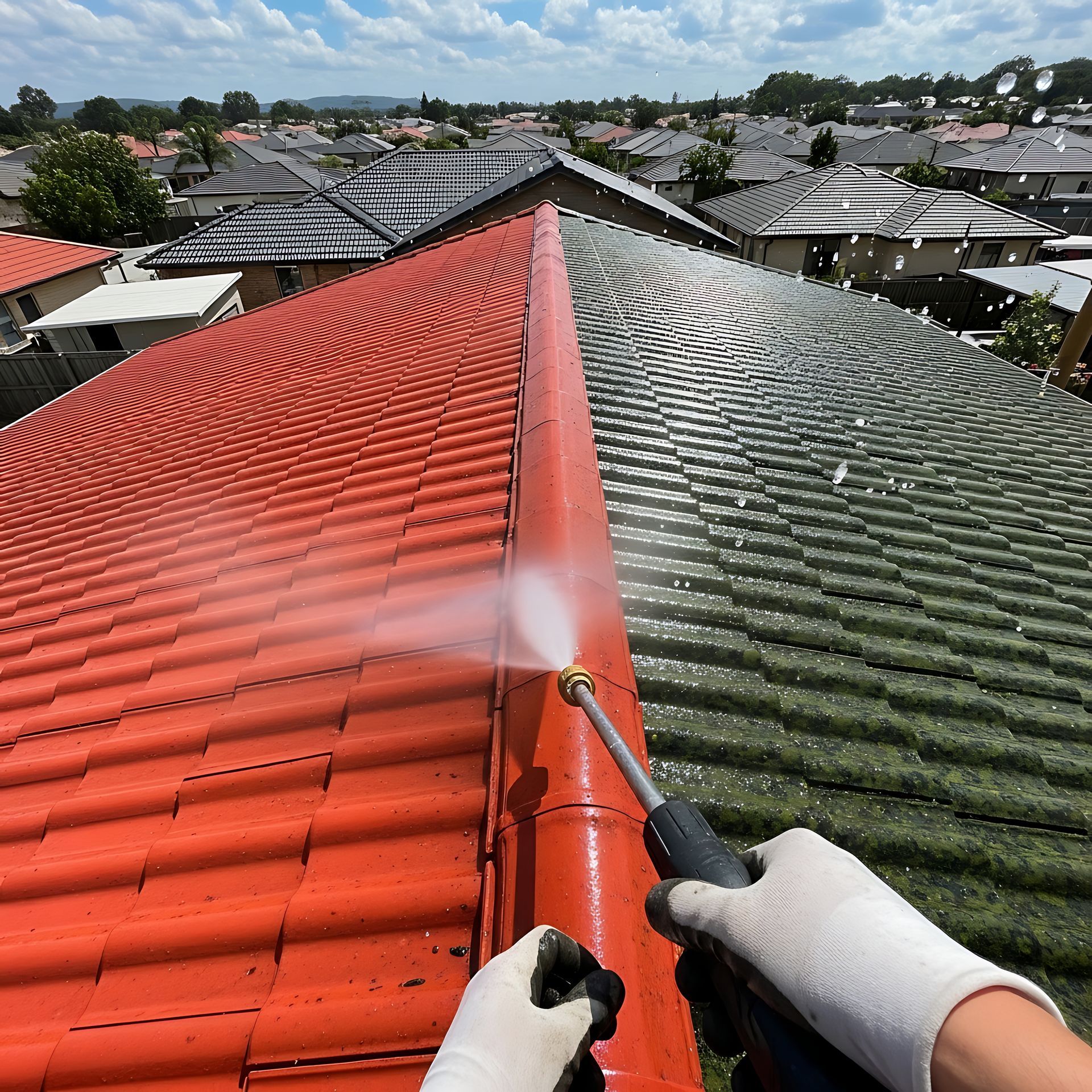 A first-person view of a gloved hand pressure washing a dirty tiled roof, revealing a clean, bright red surface.