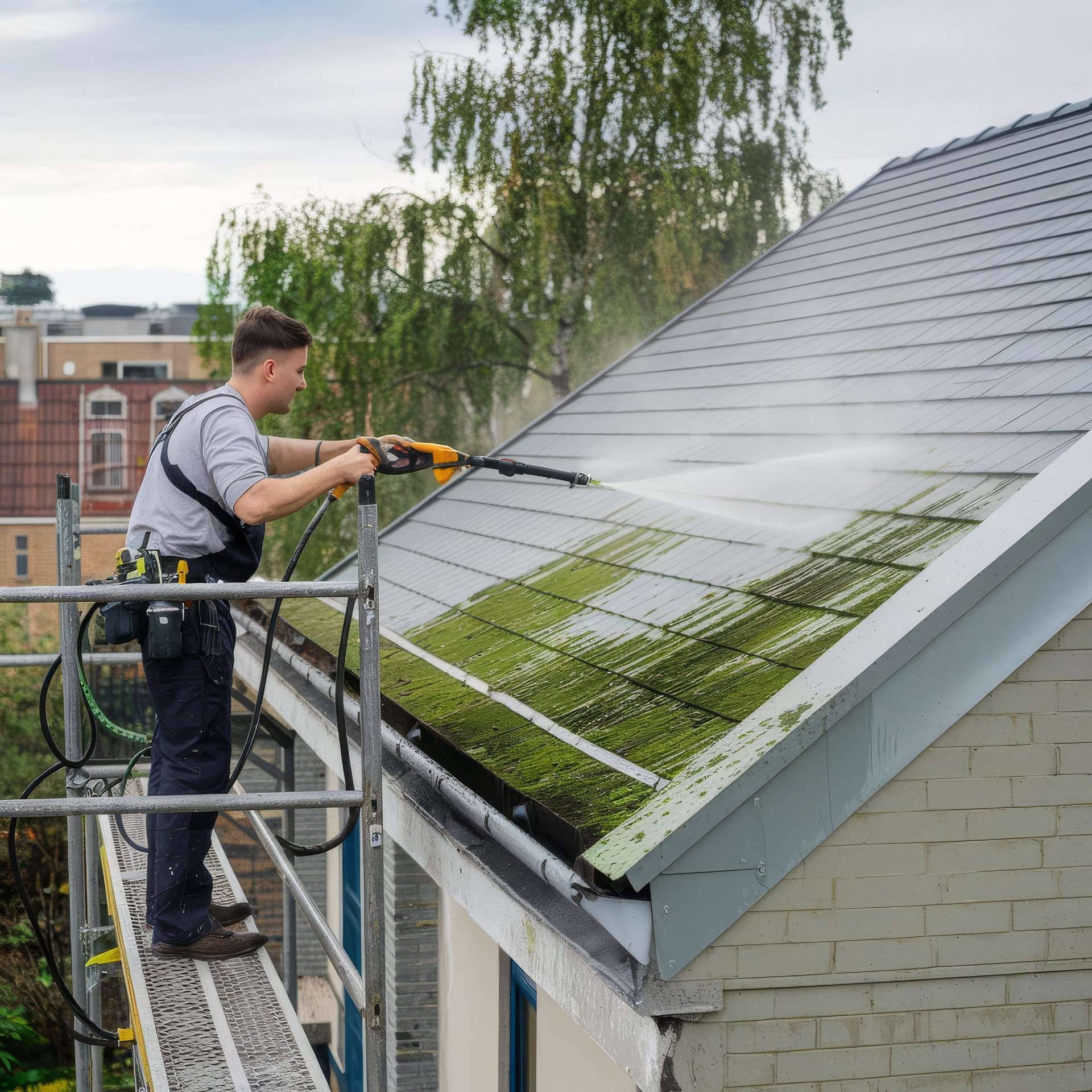 A worker on scaffolding uses a pressure washer to clean green moss off a grey tiled roof.