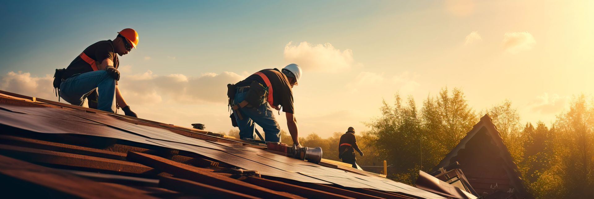 Construction workers in safety gear install roofing materials on a sloped roof at sunset.