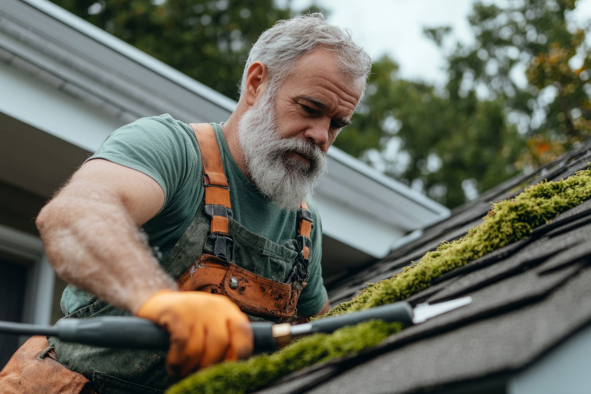 A person wearing work gloves and overalls cleans moss from a shingled roof with a tool.