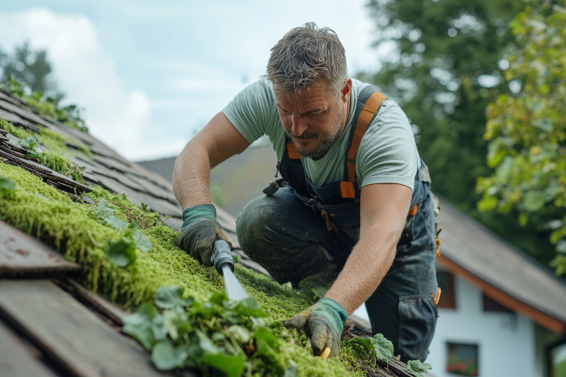 A worker wearing work clothes and gloves cleans moss from a shingled roof using a pressure washer.