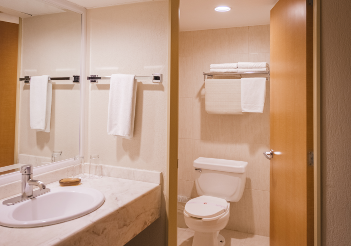 Un baño de hotel con lavabo, espejo e inodoro, decorado en tonos neutros y con toallas blancas en toalleros.