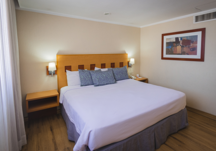 Una habitación de hotel con una cama grande,