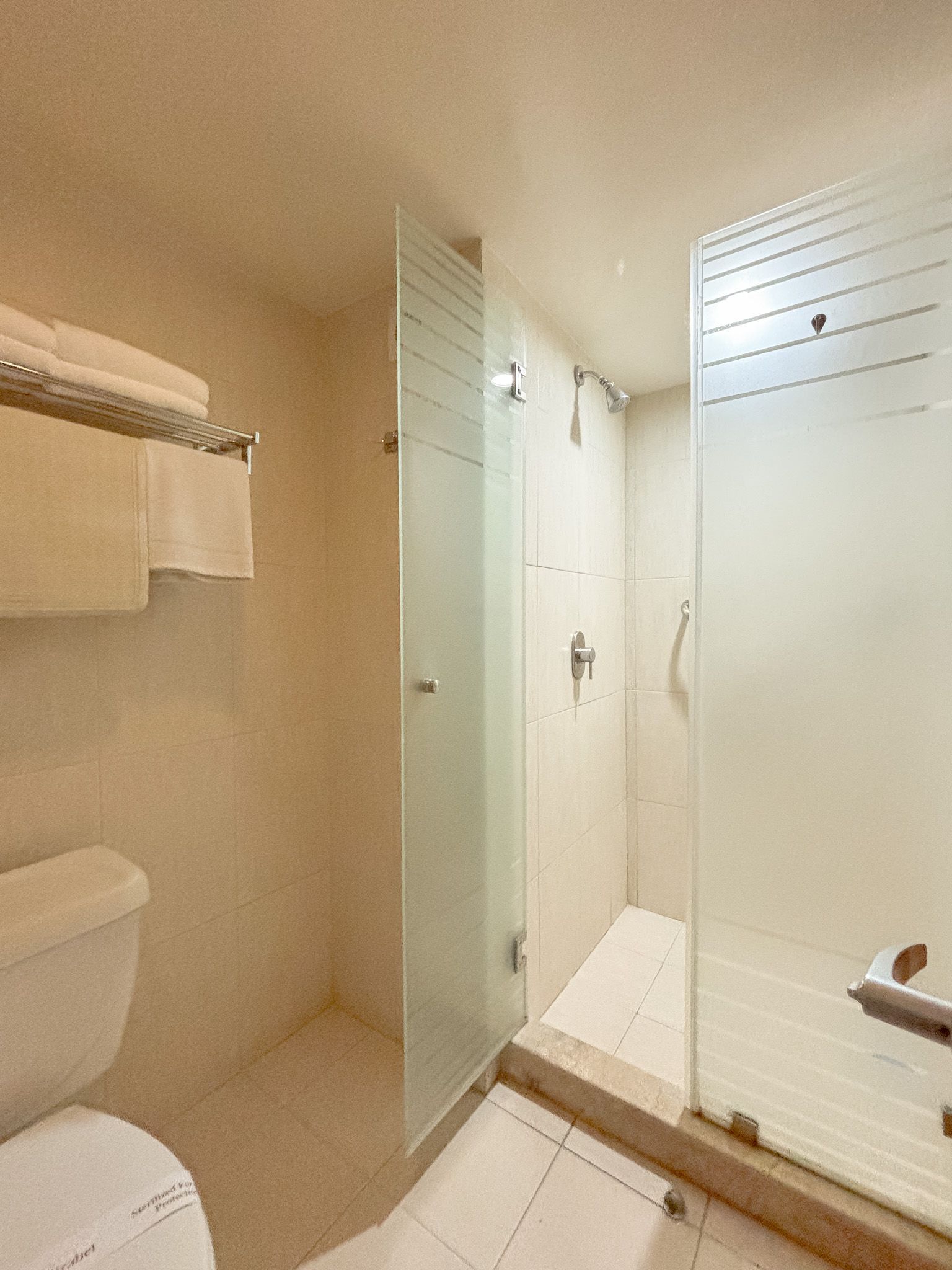 Un baño que cuenta con inodoro, toallero con toallas blancas y cabina de ducha con mampara de cristal y paredes alicatadas.