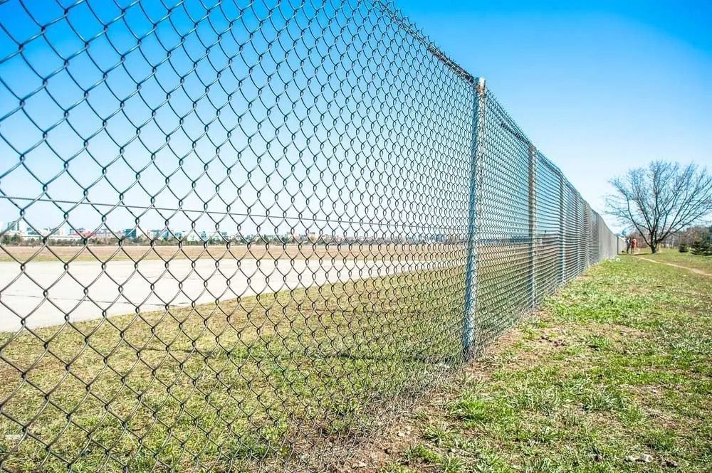 Chain Wire Fence Stretching Across a Grassy Field