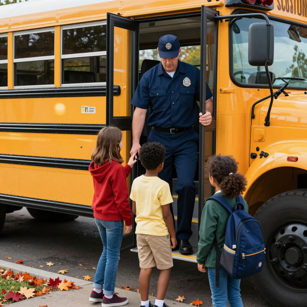 A uniformed school bus driver assists a group of children as they board a yellow school bus outdoors in autumn.