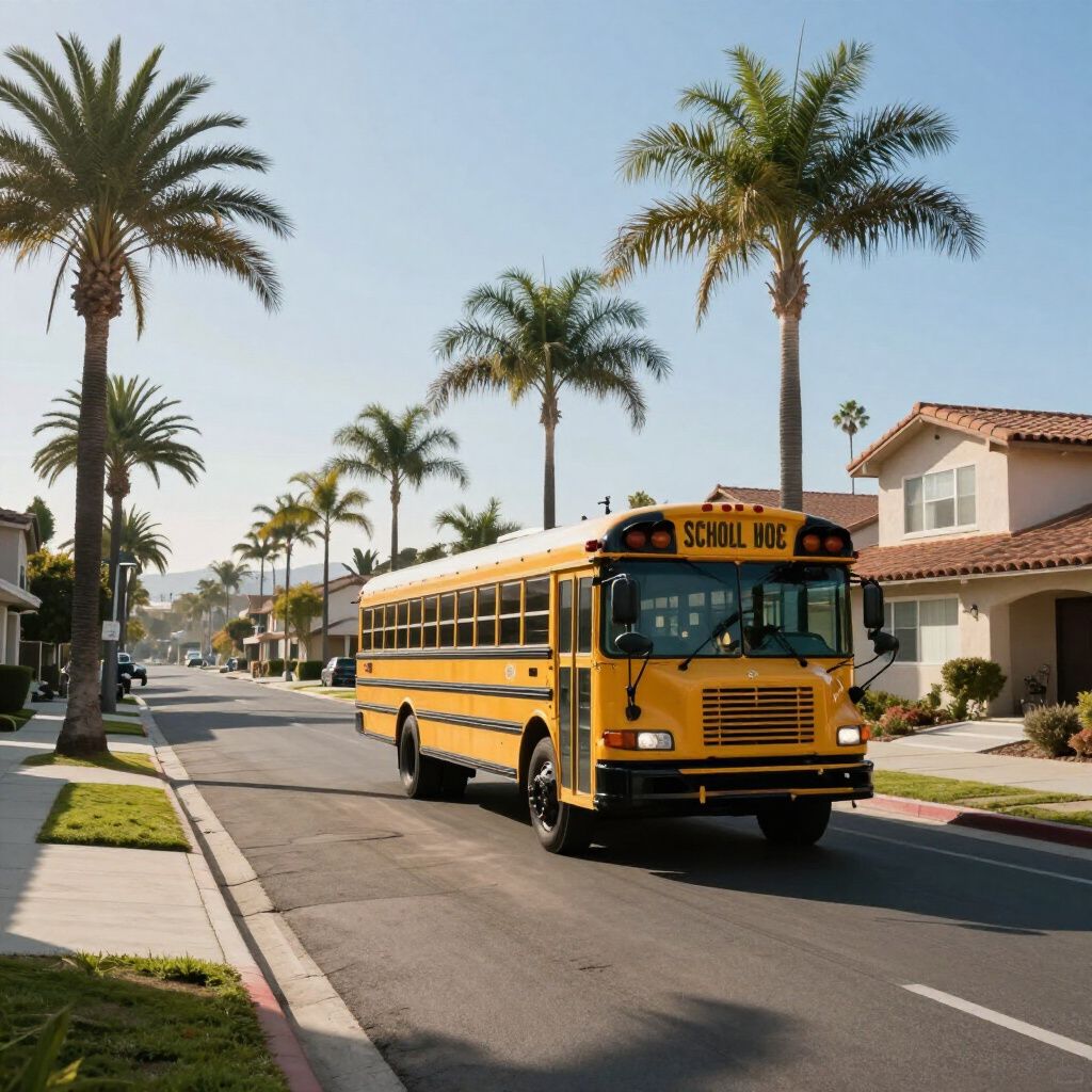 A yellow school bus travels down a sunny residential street lined with palm trees and houses.