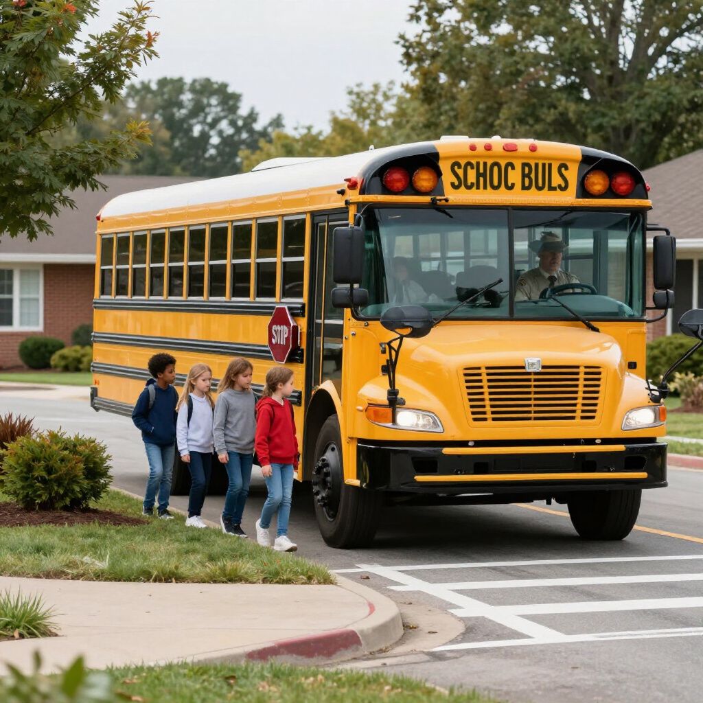 Four students walk toward a yellow school bus stopped on an asphalt road in a residential neighborhood.