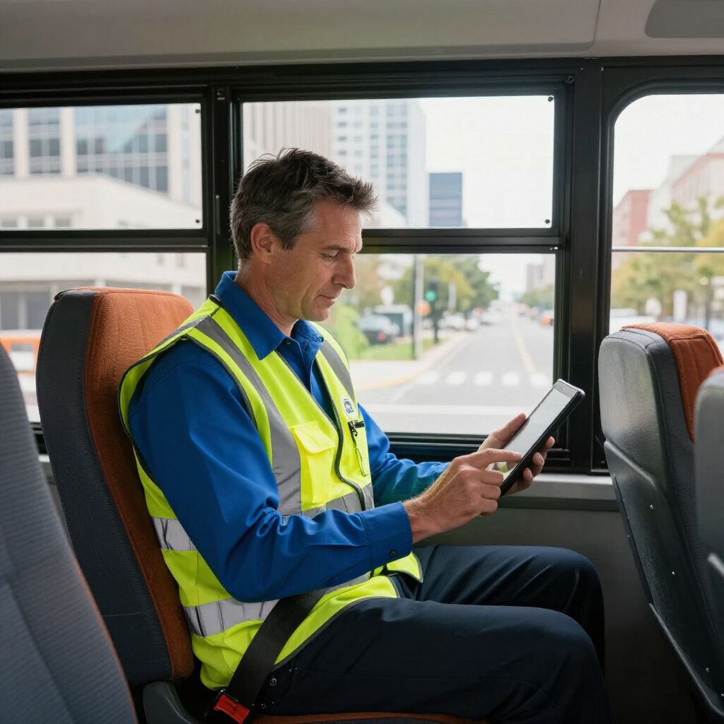 A person in a high-visibility vest sits on a bus, focused on using a digital tablet.