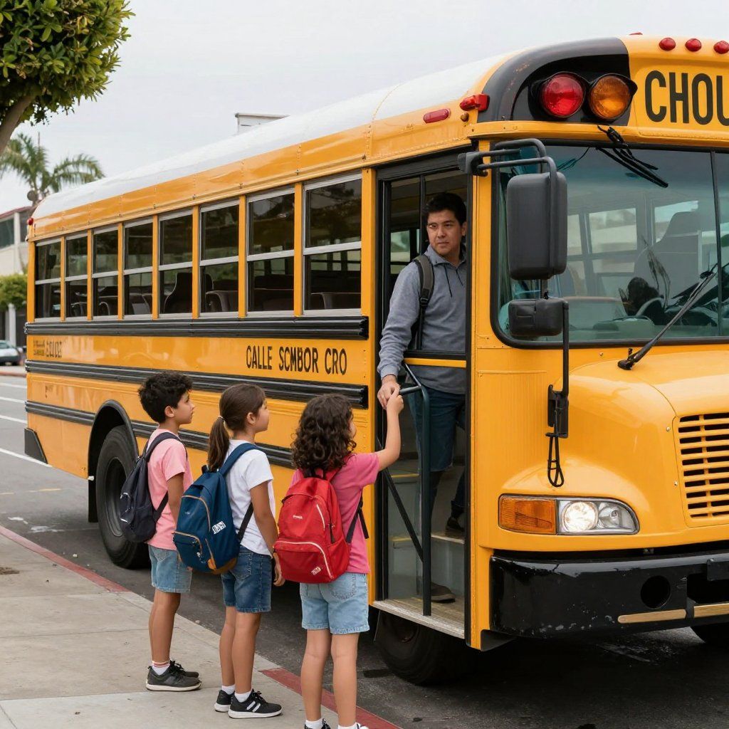 A driver greets three children waiting to board a parked yellow school bus.
