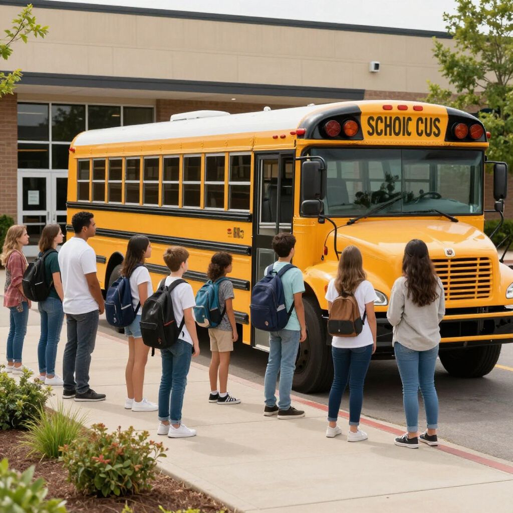 A group of students stands in a line on a sidewalk, waiting to board a yellow school bus parked in front of a school building.