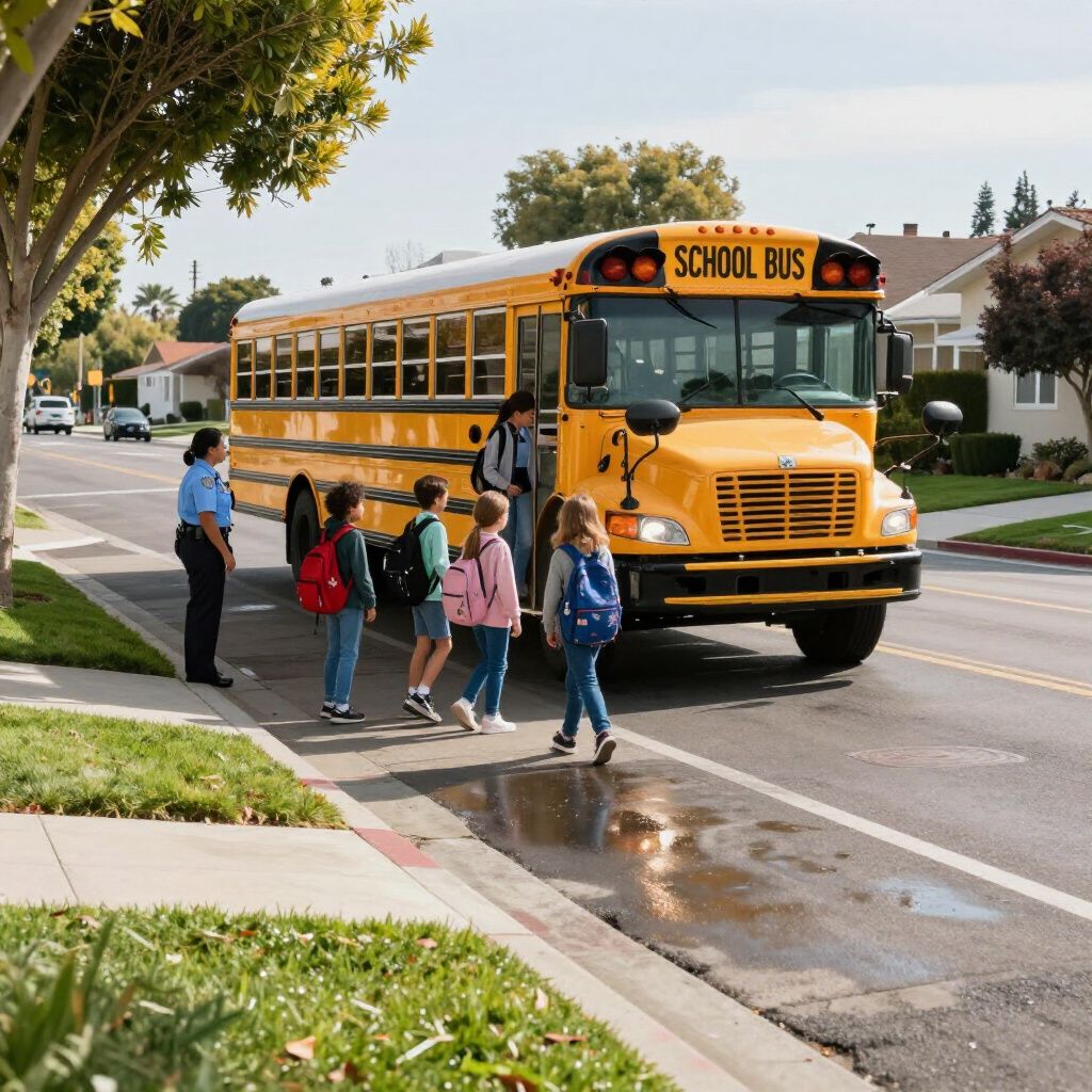 A person in uniform watches as students with backpacks board a yellow school bus parked on a suburban street.