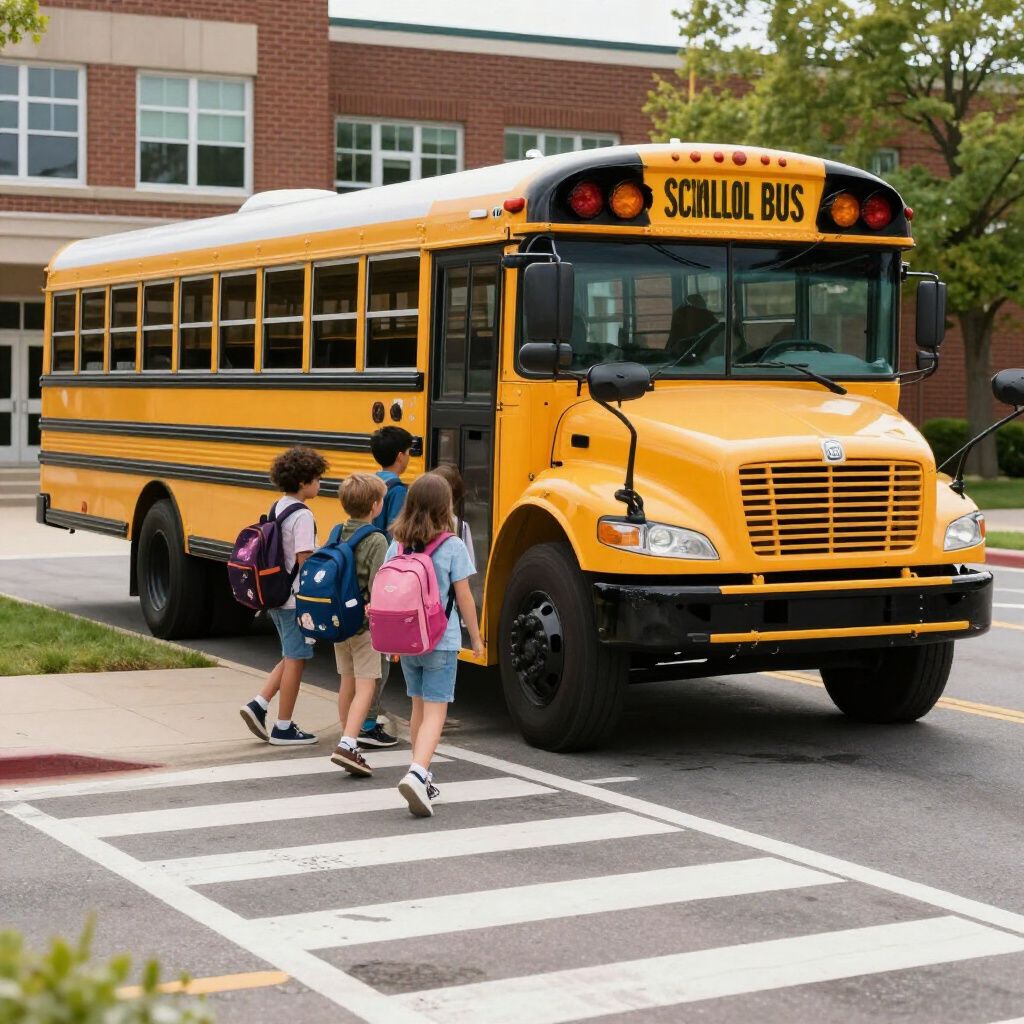 Three children with backpacks walk toward the open door of a yellow school bus parked at a crosswalk by a brick building.