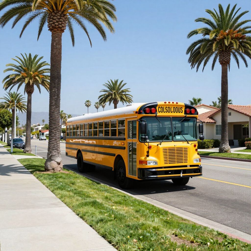 A yellow school bus parked on a residential street lined with tall palm trees under a clear blue sky.