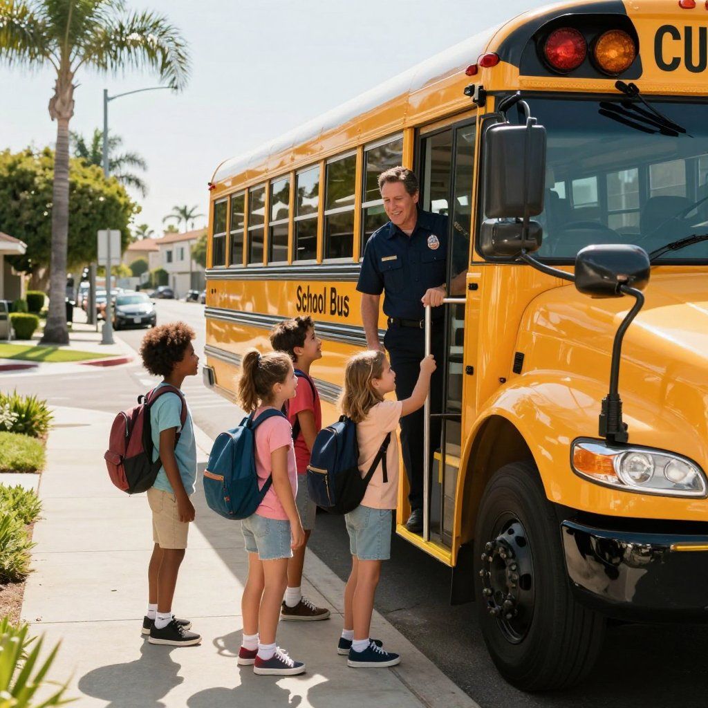 A bus driver in a dark uniform stands at the open door of a yellow school bus as students prepare to board.