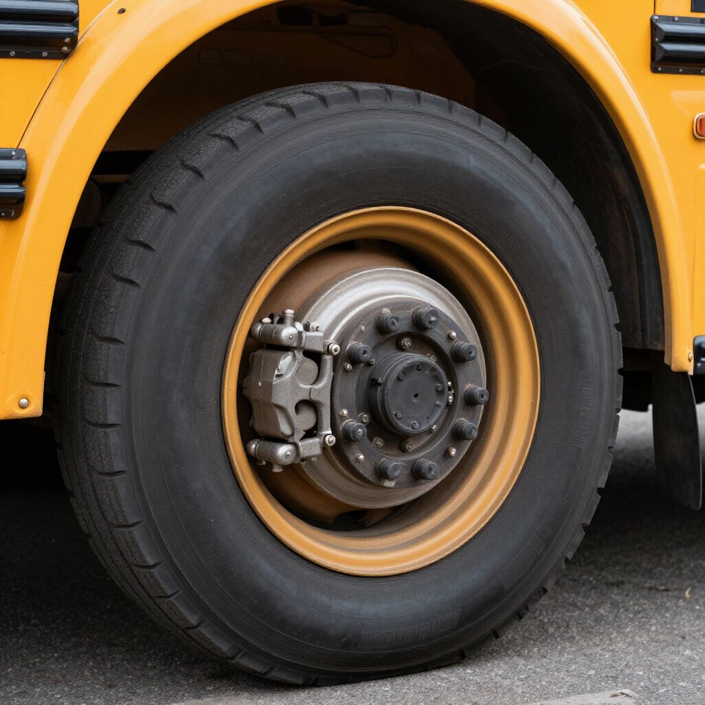 A close-up view of the front wheel of a yellow school bus, showing the tire, gold rim, and metallic brake caliper.