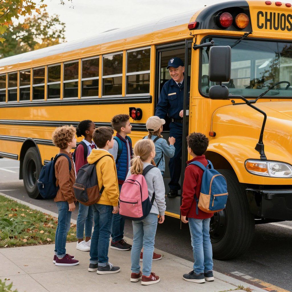A group of students with backpacks waiting to board a yellow school bus as the driver stands in the open doorway.
